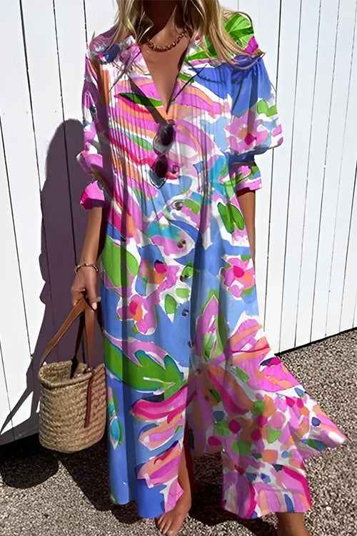 Rosiedress Ruched Button Down Balloon Sleeves Printed Maxi Dress Pink