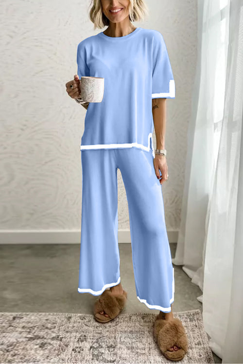 Color Block Short Sleeves Side Split Pullover Wide Leg Pants Knitting Loungewear Set Blue