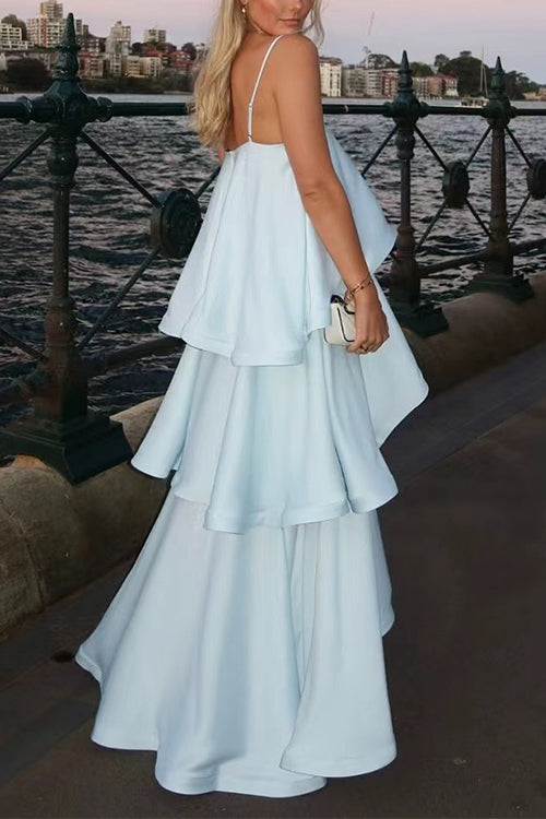 Spaghetti Strap Ruffle Layered Satin Maxi Dress