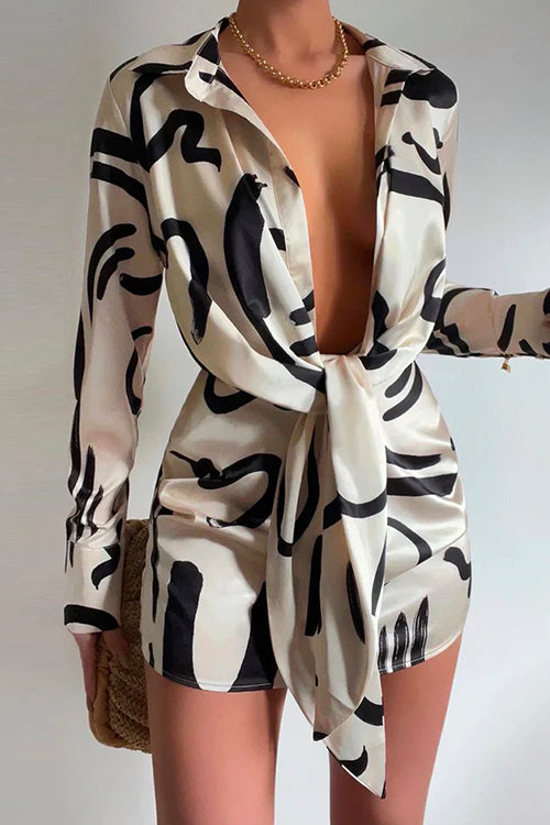 Rosiedress Lapel Long Sleeve Tie Knot Front Printed Mini Dress Apricot