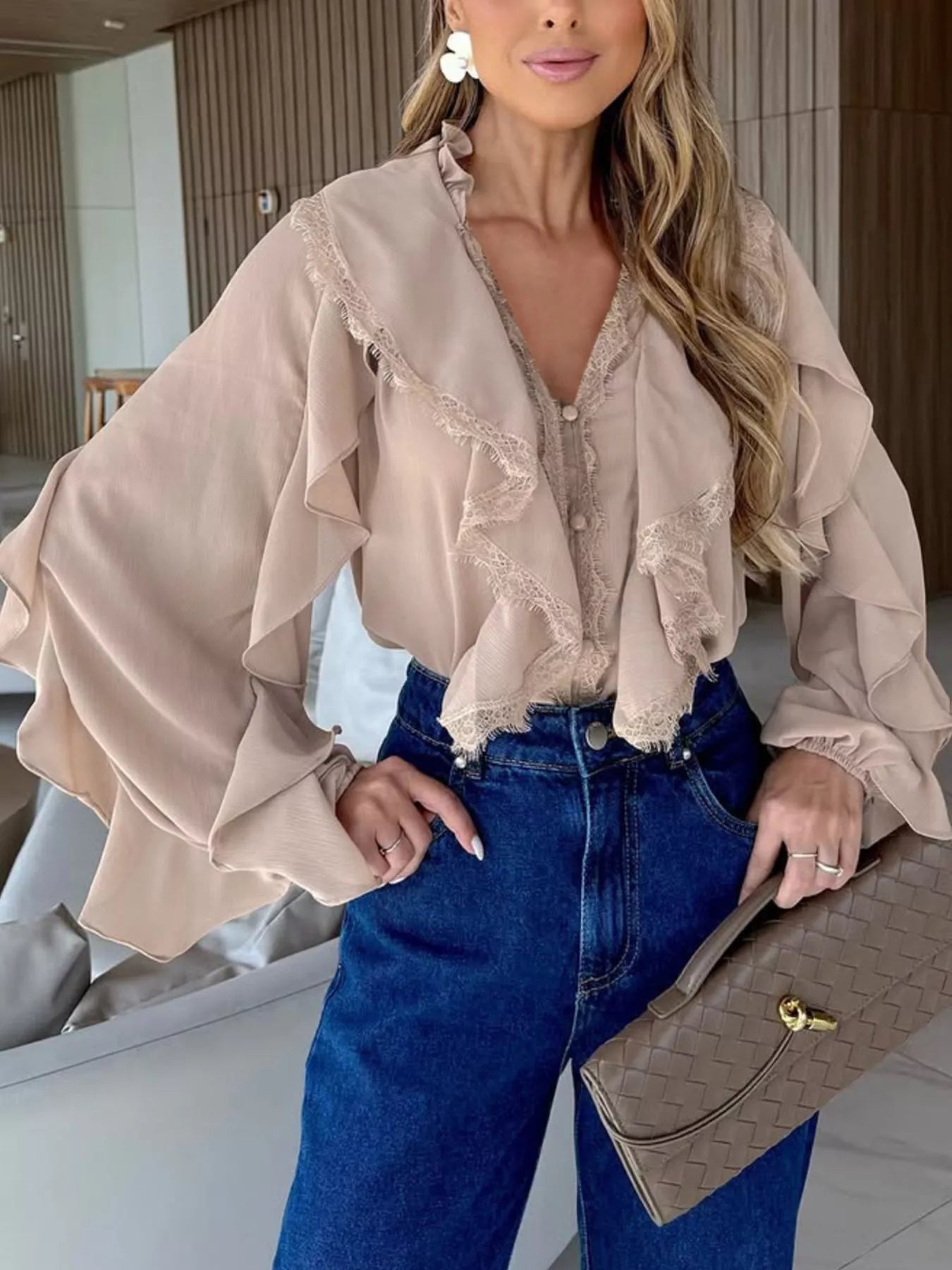 V-Neck Ruffled Lace Trim Blouse