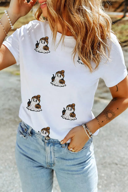 Full Size Halloween Sequin Ghost Print Short Sleeve Casual T-Shirt Plus Size