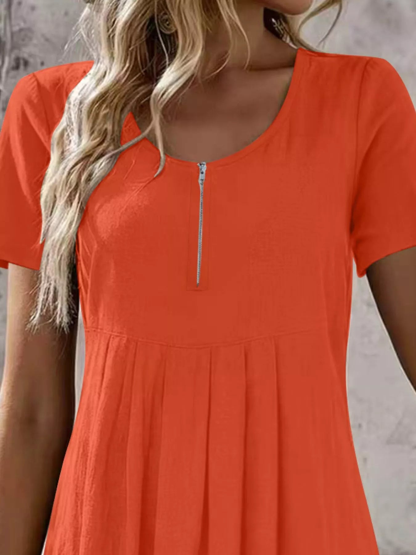 Zipper-Front Short Sleeve A-Line Dress