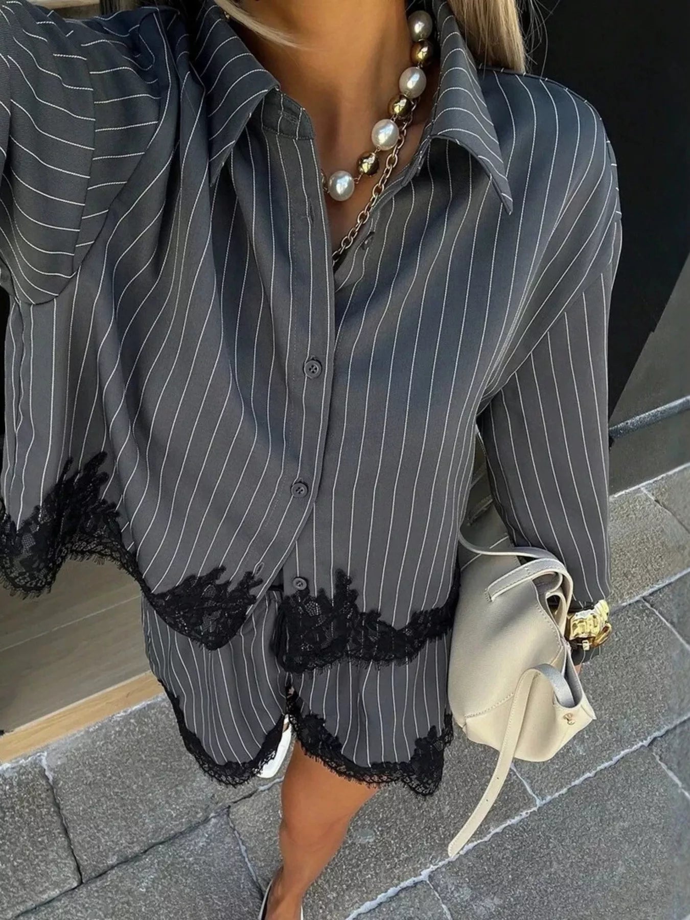 Lace Trim Striped Button-Down Shirt and Shorts Set