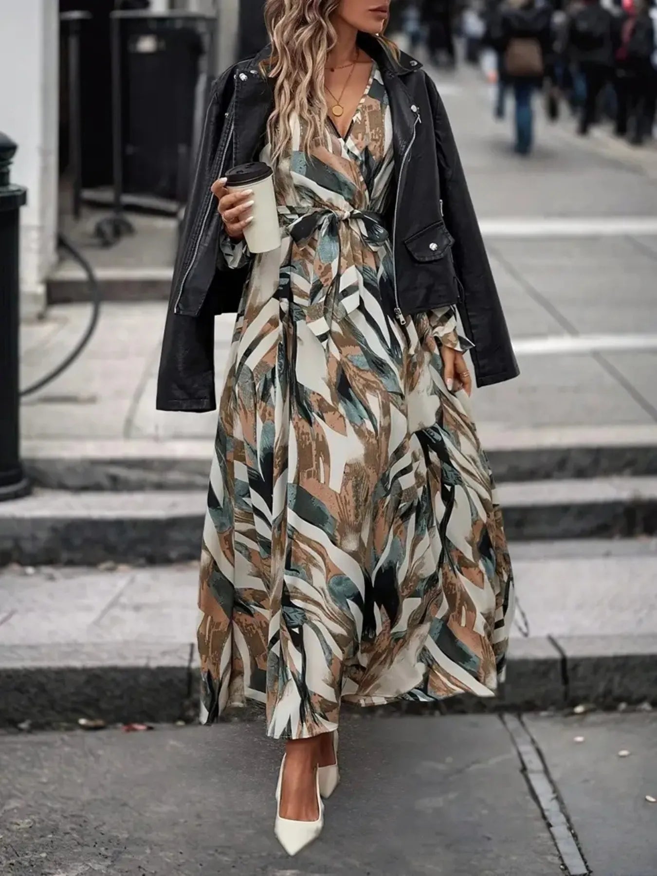 Printed Surplice Flounce Sleeve Maxi Dress