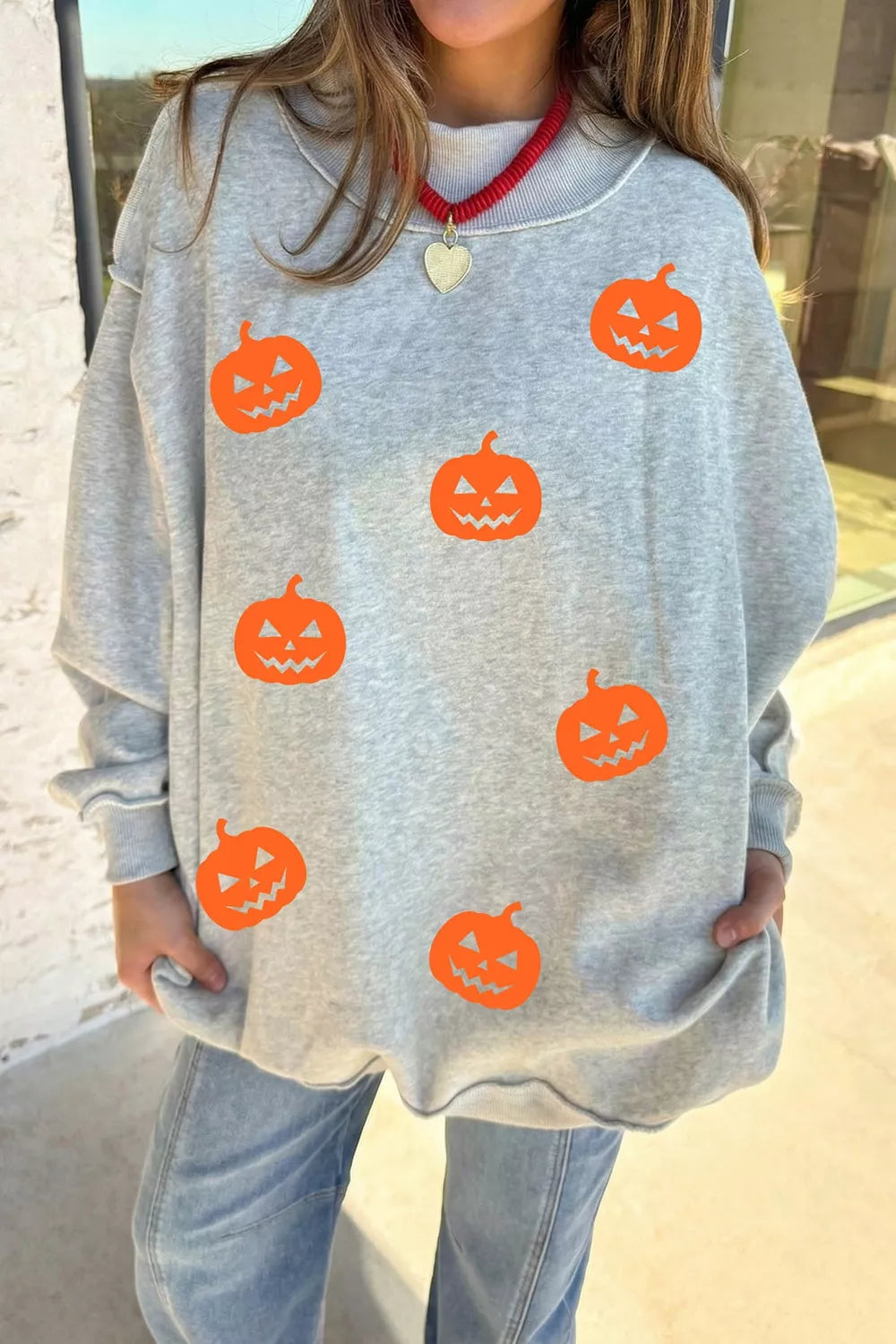 Halloween Pumpkin Face Print Mock Neck Reversible Sweatshirt