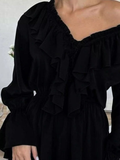 Ruffled V-Neck Long Sleeve Mini Dress