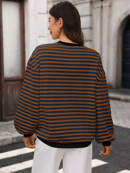Contrast Trim Striped Crew Neck Sweatshirt