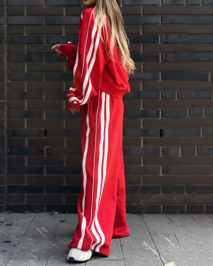 Ensemble deux pièces décontracté à rayures et col en V, sweat-shirt et pantalon large