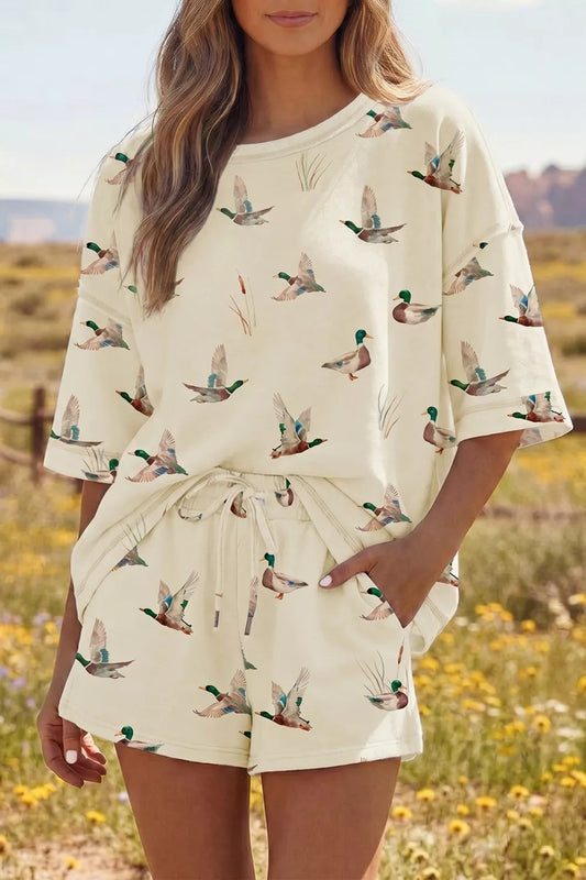 Mallard Duck Print Oversized Tee Drawstring Short Set