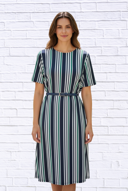 Striped Knit Bon Bon Dress – Short Sleeve Midi Dress with Stretch Comfort