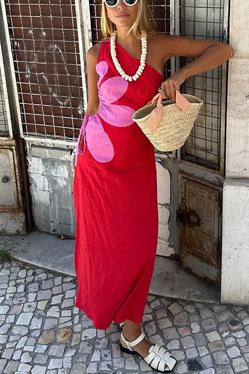 Robe longue à imprimé floral découpée avec cordon de serrage et une épaule