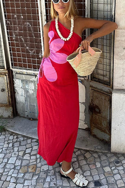 Robe longue à imprimé floral découpée avec cordon de serrage et une épaule