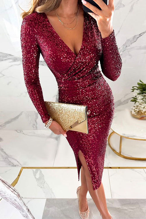 Rosiedress Wrap V Neck Waisted Slit Bodycon Sequin Midi Dress Burgundy