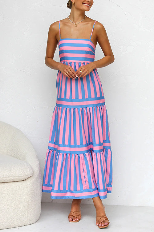 Rosiedress Spaghetti Strap Tiered Color Block Striped Maxi Dress