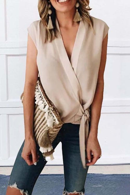 Elyse V Neck Tie Waist Wrap Top Apricot