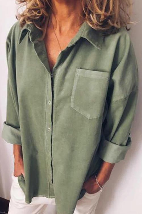 Casual Style Solid Long Sleeve Blouse Shirt Green