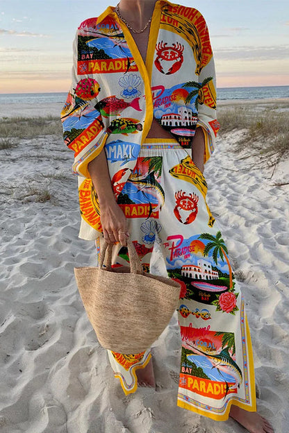 Tropic Print Button Down Blouse Shirt Elastic Waist Wide Leg Pants Vacation Set Yellow