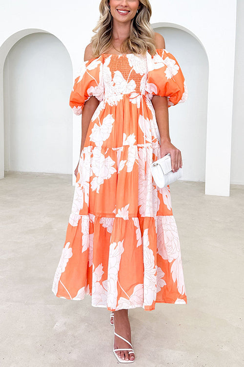 Rosiedress Off Shoulder Puff Sleeves Tiered Printed Midi Swing Dress Orange