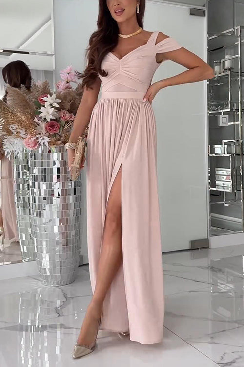 Ruched V Neck Cold Shoulder High Slit Maxi Party Dress Pink