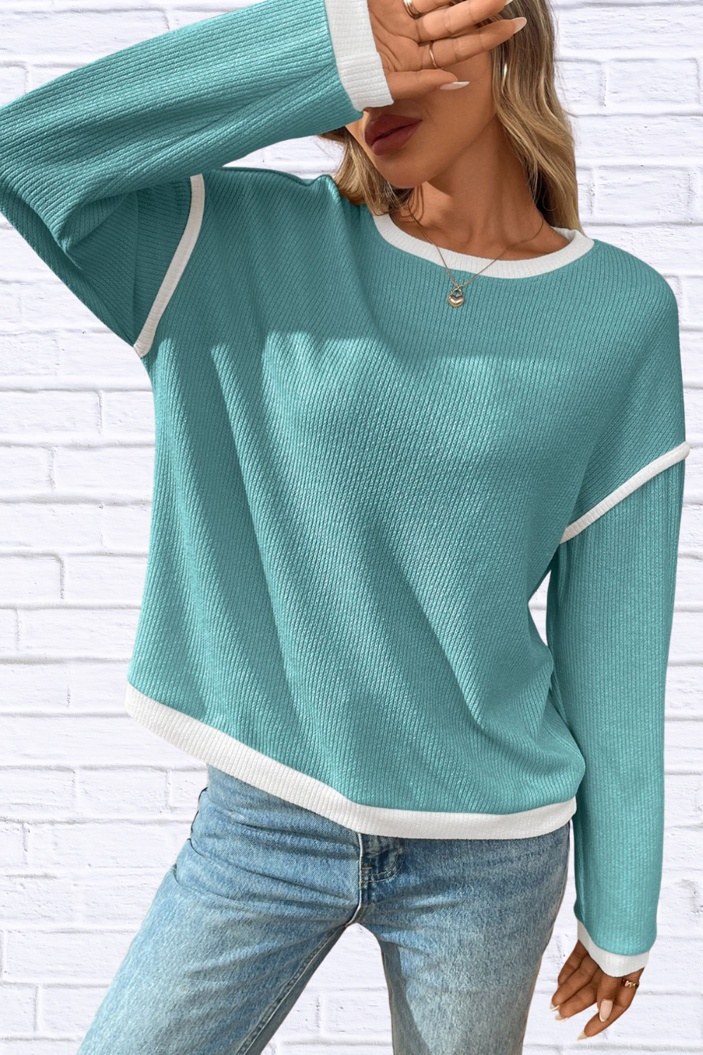 Ribbed Contrast Trim Long Sleeve Top