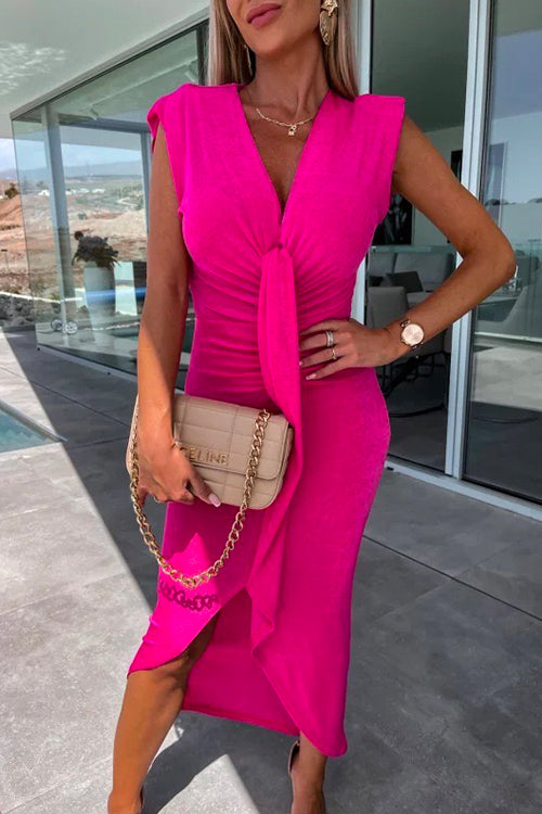 Rosiedress V Neck Drape Front Ruched Sleeveless Bodycon Dress HotPink