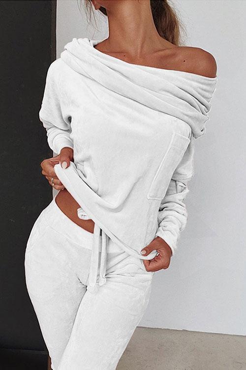 Rosiedress Keeley Off Shoulder Drawstring Top Long Pants Set White