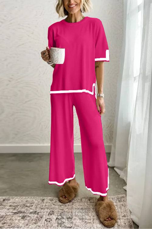 Color Block Short Sleeves Side Split Pullover Wide Leg Pants Knitting Loungewear Set HotPink
