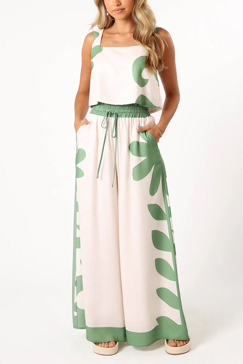 Rosiedress Printed Square Collar Crop Tank Top Drawstring Waist Wide Leg Pants Set Green