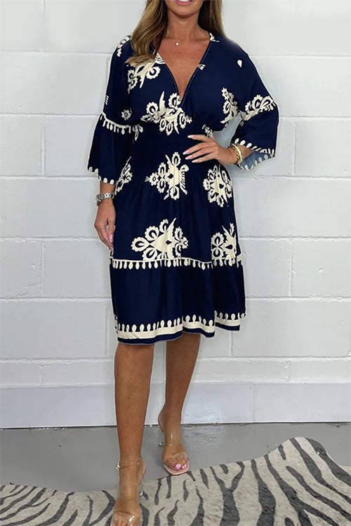 V Neck 3/4 Sleeves High Waist Printed Dress DarkBlue