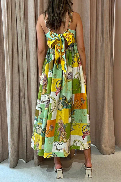 Rosiedress Bow Knot Back Dinosaur Printed Cami Maxi Holiday Dress