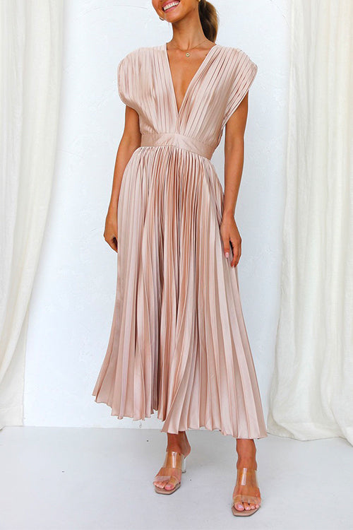 Deep V Neck Waisted Maxi Pleated Swing Dress Pink