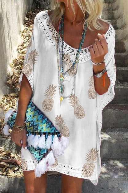 V Neck Hollow Out Pineapple Printed Batwing Beach Dress White