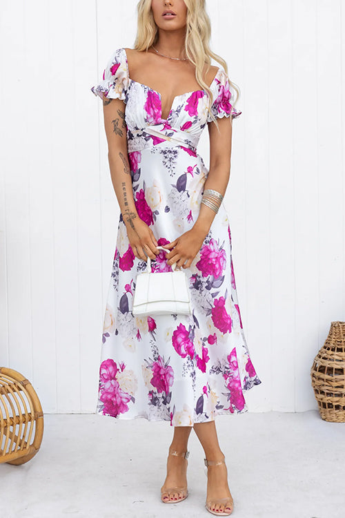 Balloon Sleeves Tie Back High Waist Floral Print Midi Dress