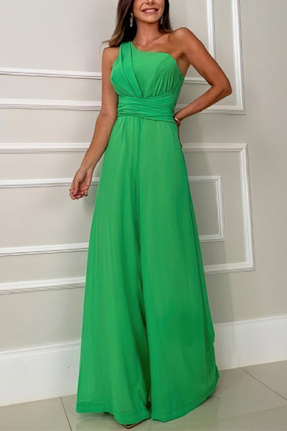 Sleeveless One Shoulder Waisted Flare Wide Leg Jumpsuit Green