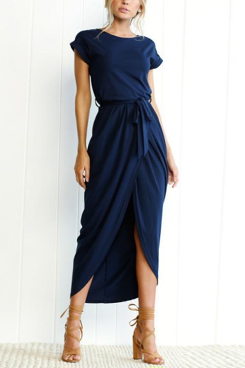 Rosiedress Short Sleeve Tie Waist Slit Midi Dress