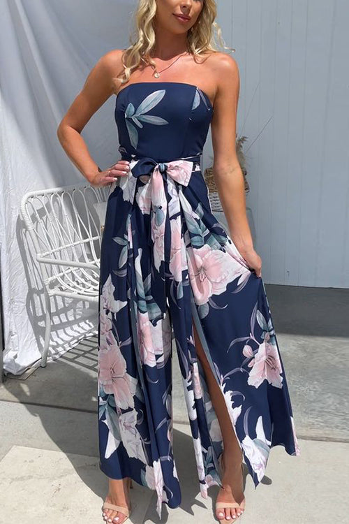 Strapless Bow Waist Slit Wide Leg Floral Jumpsuit Blue