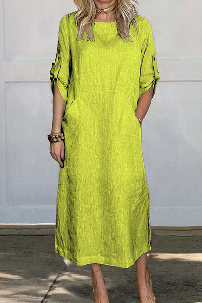 Rolled Up Sleeves Pocketed Cotton Linen Maxi Shift Dress Yellow