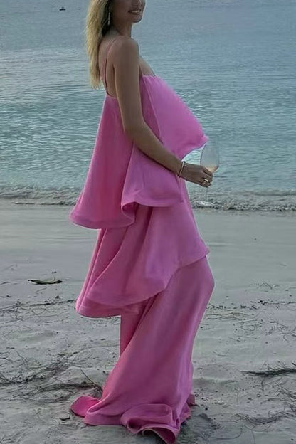 Spaghetti Strap Ruffle Layered Satin Maxi Dress