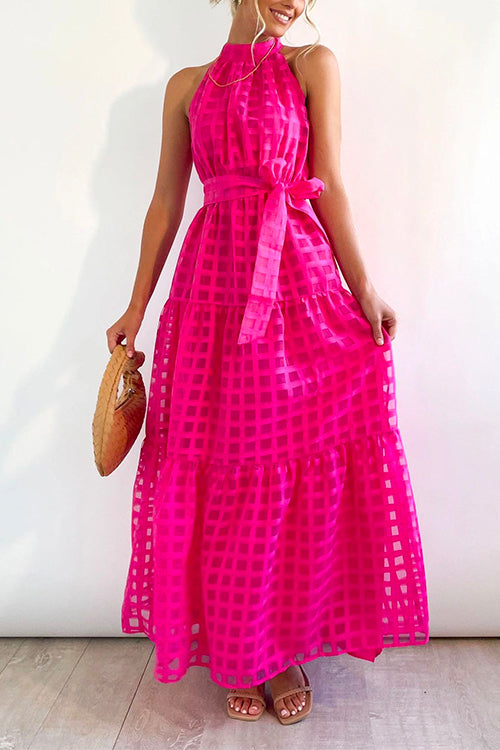 Rosiedress Mockneck Tie Waist Ruffle Tiered Plaid Mesh Maxi Swing Dress HotPink