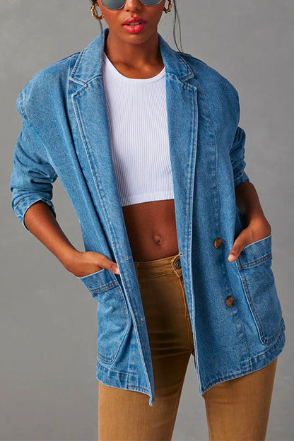 Rosiedress Notch Lapel Button Front Pocketed Denim Blazer