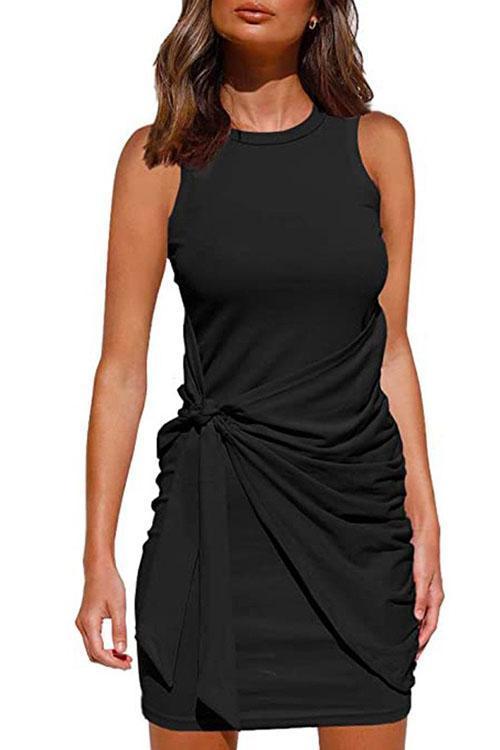 Rosiedress Crewneck Knot Front Ruched Sleeveless Dress Black