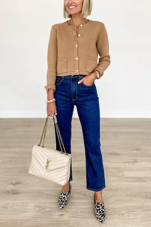 Chic Button Down Pocketed Crop Outwear Cardigan Camel