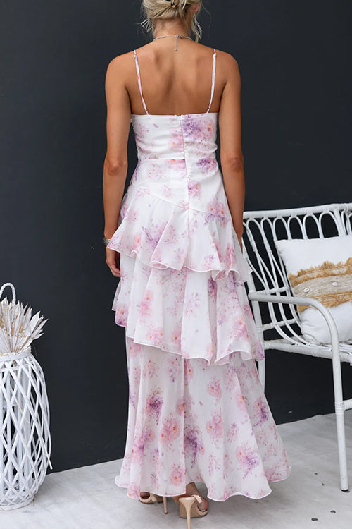 Spaghetti Strap Ruffle Tiered Floral Maxi Vacation Dress