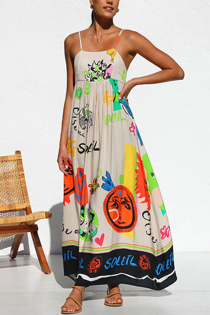 Rosiedress Tie Back Cut Out Graffiti Print Flowy Maxi Cami Dress