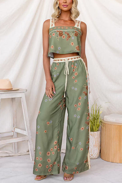 Drawstring Elastic Waist Floral Print Wide Leg Pants