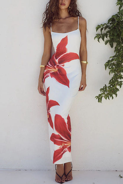 Rosiedress Spaghetti Strap Back Slit Lily Print Bodycon Maxi Dress White