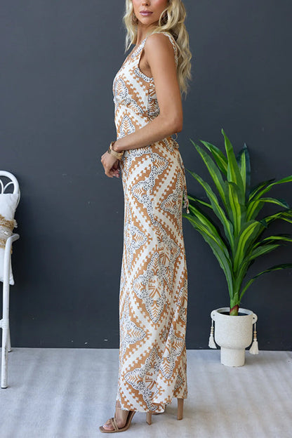 V Neck Sleeveless Tie Back Printed Maxi Holiday Dress