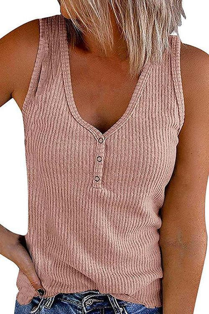 Buttons V Neck Sleeveless Solid Top Pink