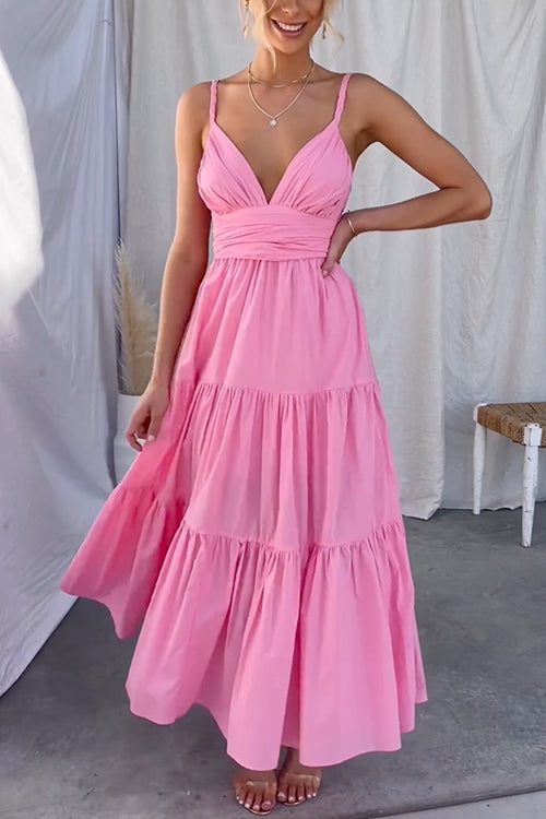 V Neck Tie Back Ruffle Tiered Maxi Cami Dress Pink